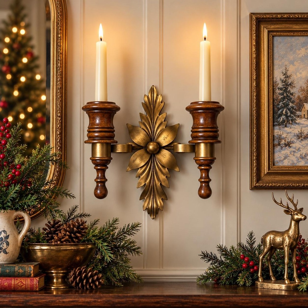 VTG Double Candle Wall Sconce Wood Gold Tone Metal Leaf Hollywood Regency